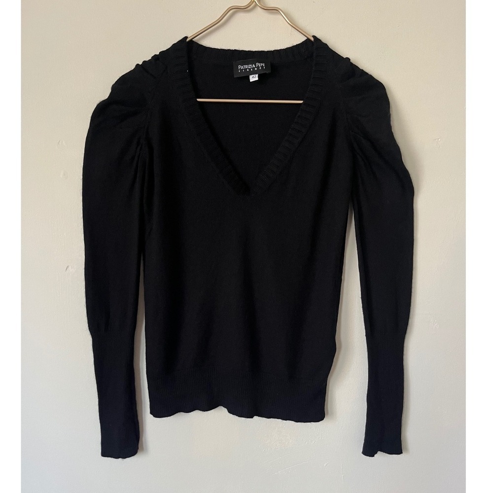 Patrizia Pepe Firenze Black Silk Cashmere Italy neutral Puff Sleeve Sweater 42